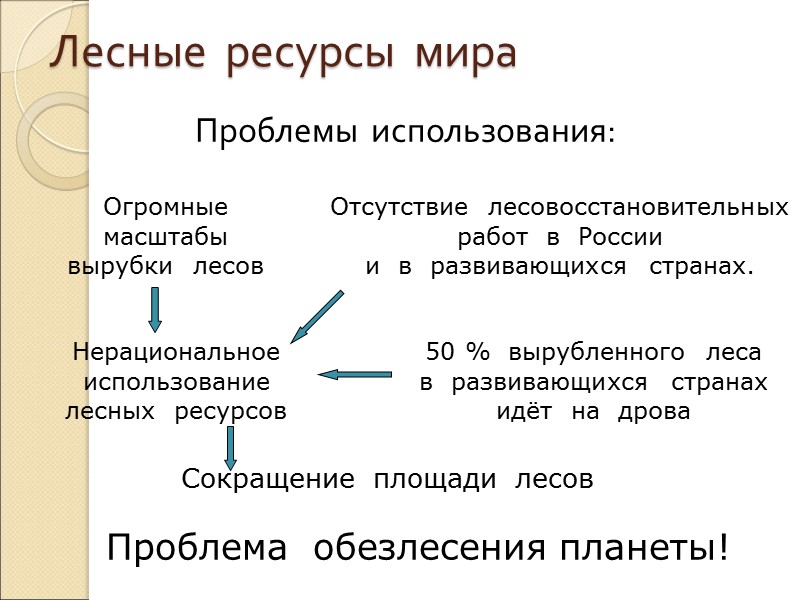 Лесные  ресурсы  мира Проблемы  использования: Сокращение  площади  лесов Нерациональное